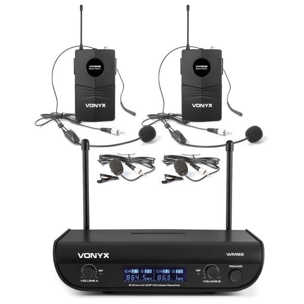 Set doua microfoane wireless Vonyx WM82B cu lavaliera, headset