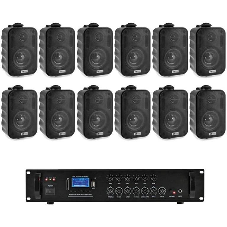 Sistem ambiental cu 12 boxe negre, USB, SD, Bluetooth, FM radio