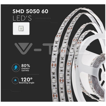 Banda LED V-TAC VT-5050 Alb Rece,60 LED pe metru, de interior