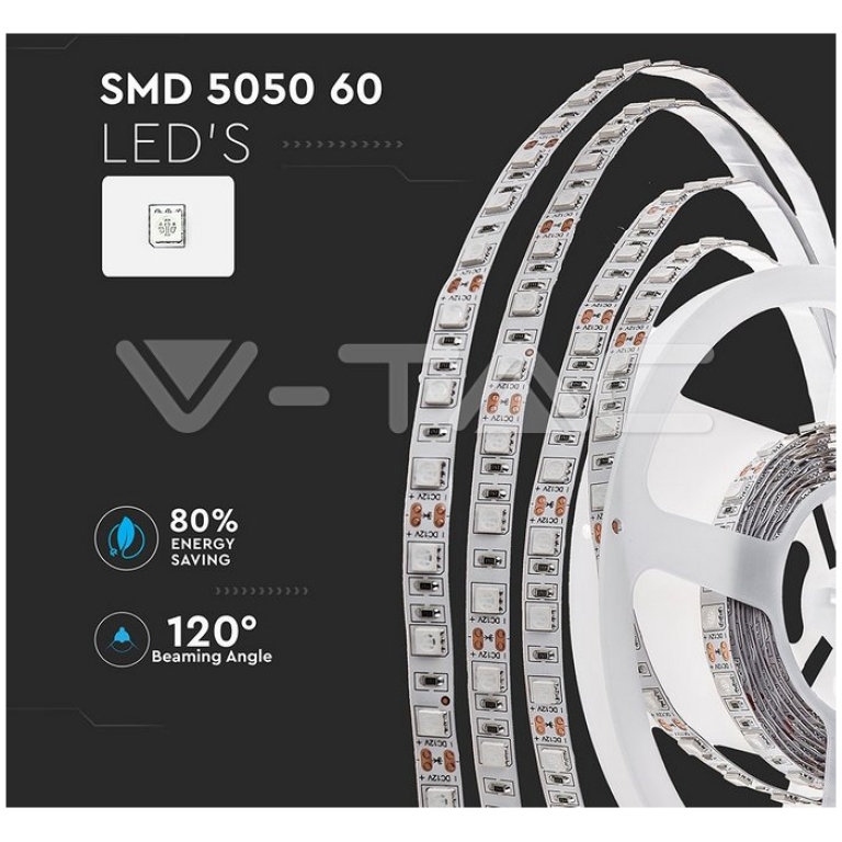 Banda LED V-TAC VT-5050 Alb Rece,60 LED pe metru, de interior