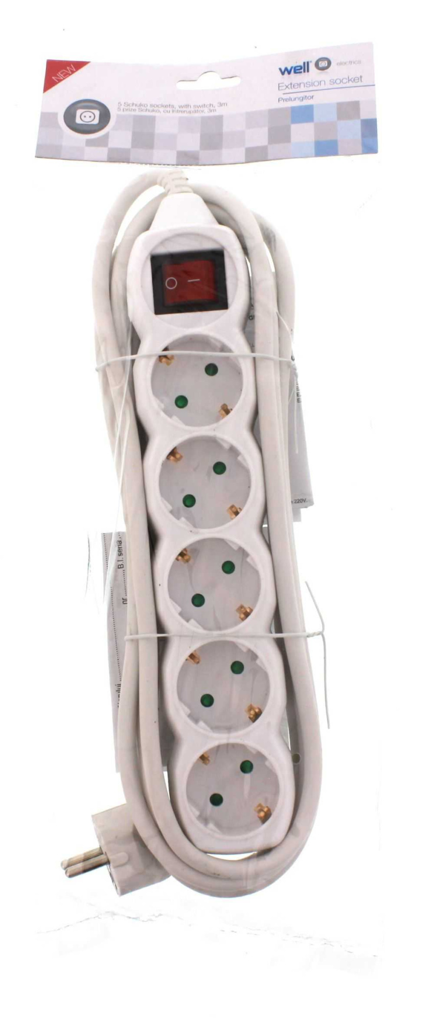 Prelungitor 5 prize WELL 5M cu intrerupator, cablu 3x1.5mmp Alb