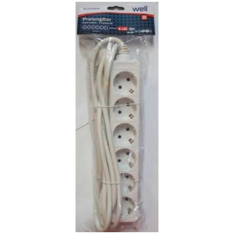 Prelungitor 6 prize WELL 3M, cablu 3x1.5mmp Alb