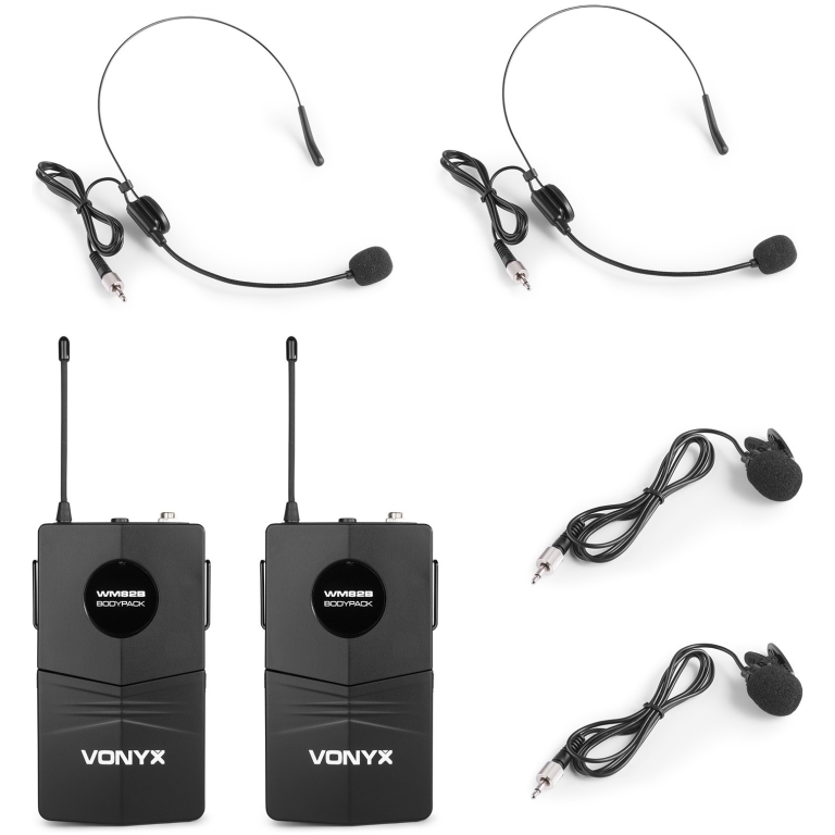 Set doua microfoane wireless Vonyx WM82B cu lavaliera, headset