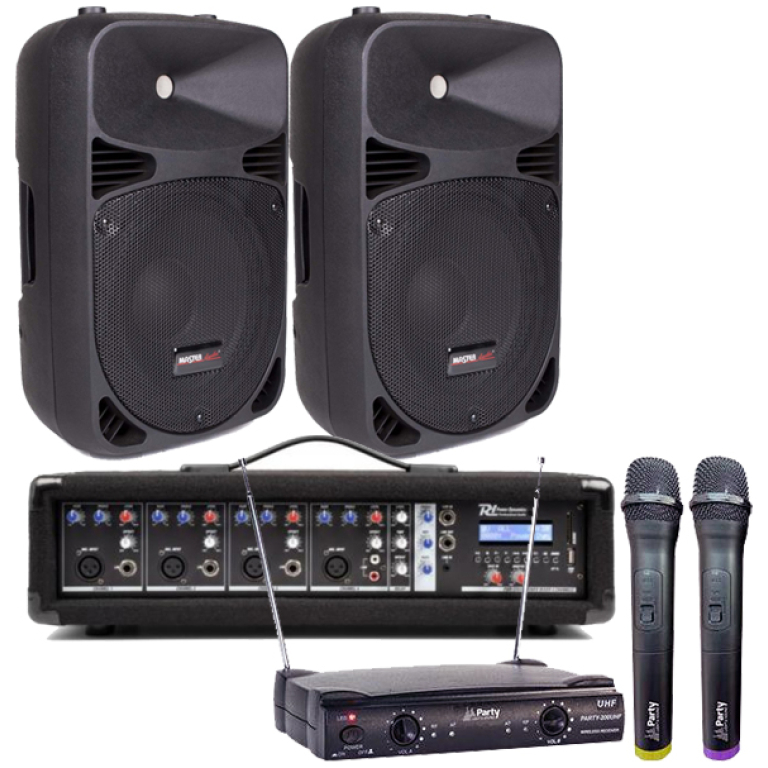 Sistem Audio Karaoke cu mixer amplificat, Bluetooth, USB, 2 microfoane wireless