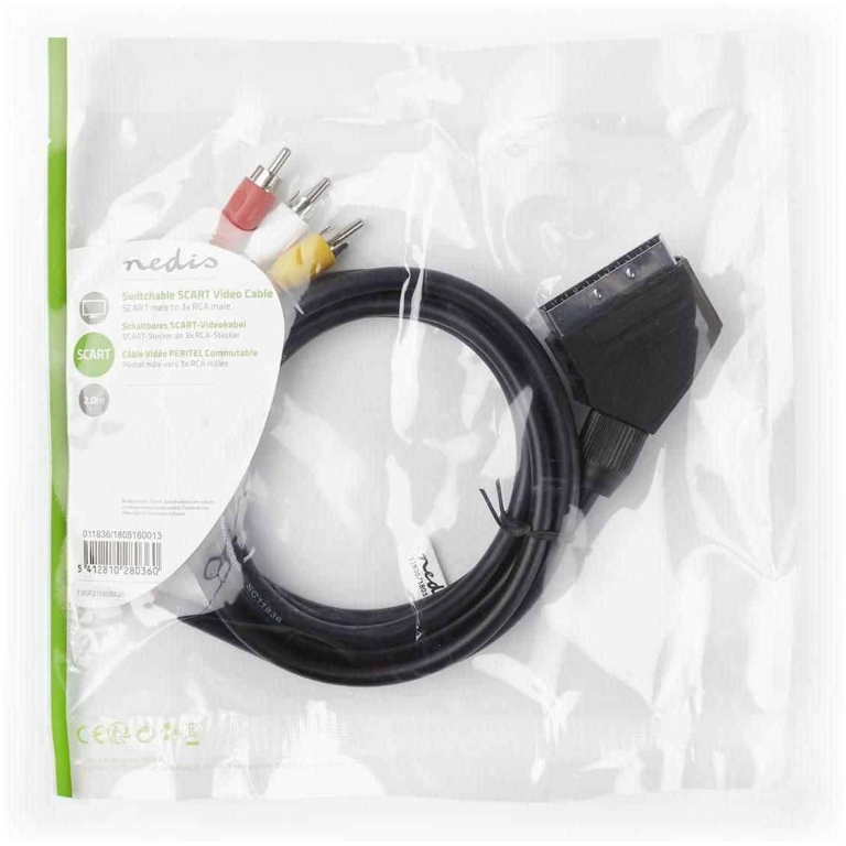 cablu scart tata la 2x rca tata, 2m, negru, nedis