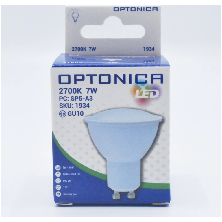 bec gu10 led 7w, 560 lm, lumina calda (2700k), optonica