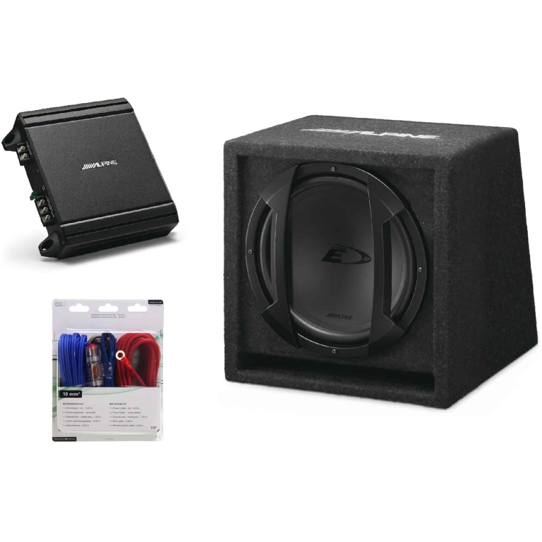 pachet subwoofer auto alpine sbe 1244 br, amplificator mrv m250, set cabluri