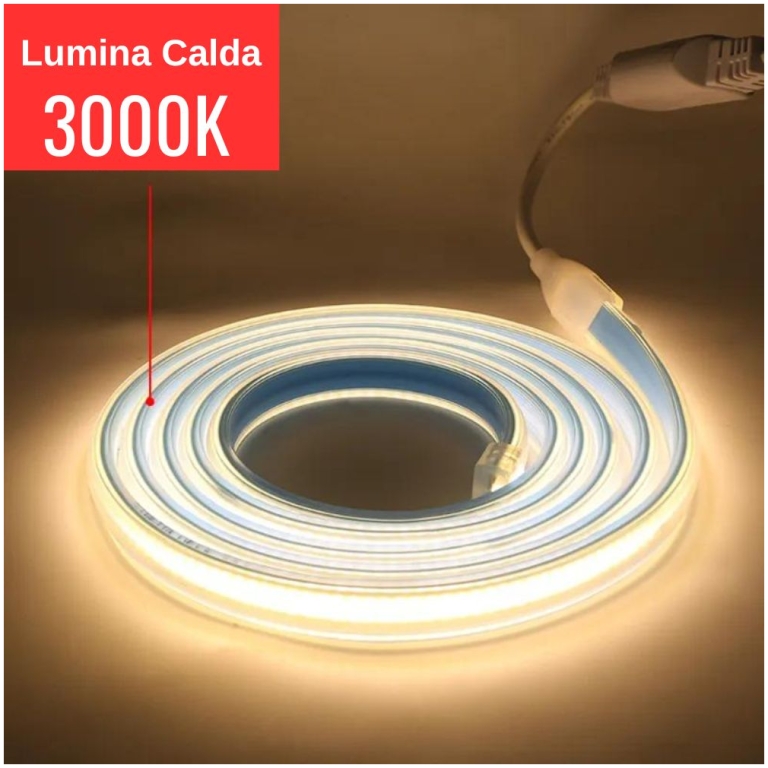 banda led cob 220v alb cald, 120w 12000lm, 3000k, 10m, alimentator inclus