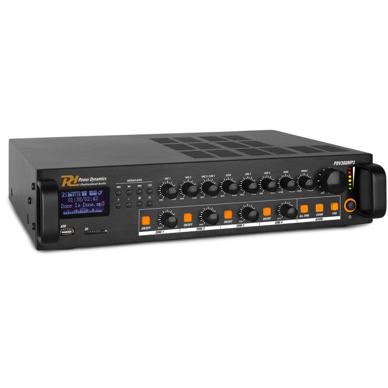power dynamics pdv360mp3, amplificator 100v cu 4 zone 360w, bluetooth, usb, sd, fm
