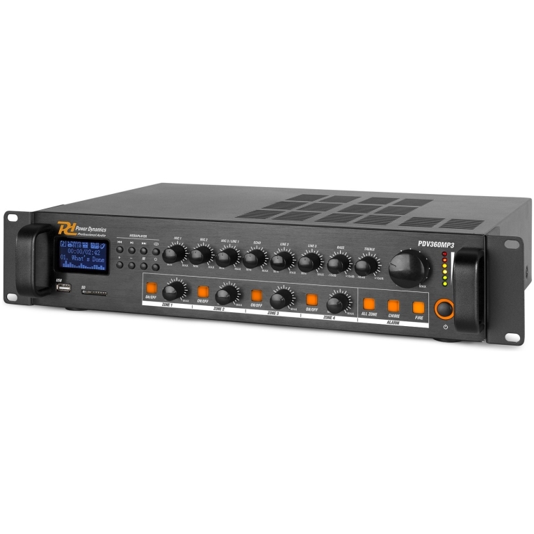 power dynamics pdv360mp3, amplificator 100v cu 4 zone 360w, bluetooth, usb, sd, fm