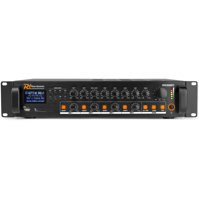 power dynamics pdv360mp3, amplificator 100v cu 4 zone 360w, bluetooth, usb, sd, fm