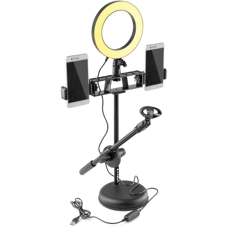stativ birou cu inel led, suporti telefoane si microfon vonyx rl20