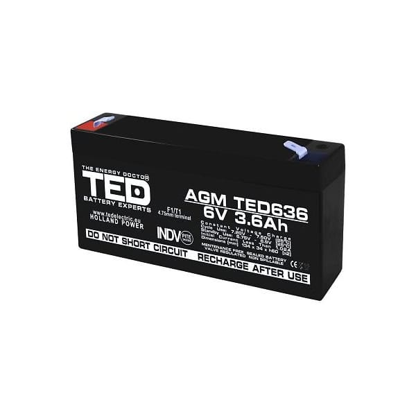 Acumulator 6V 3.6Ah VRLA, Plumb-Acid, terminale F1, T1