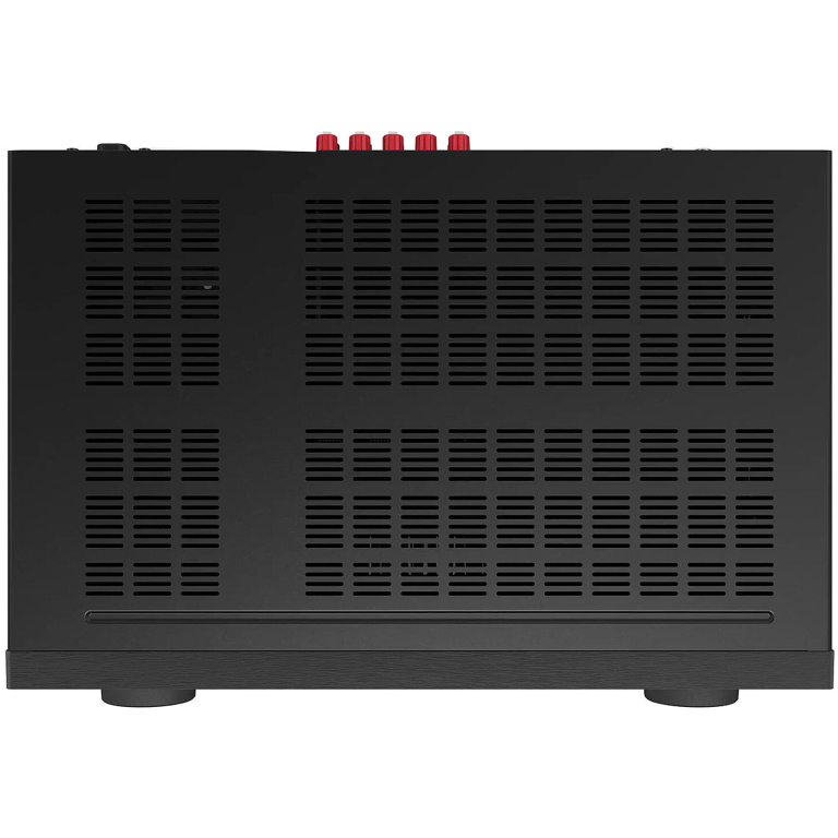 Amplificator audio profesional pentru sisteme de sunet, negru, cu ventilatie eficienta și conectori roșii pentru calitate superioara a sunetului.