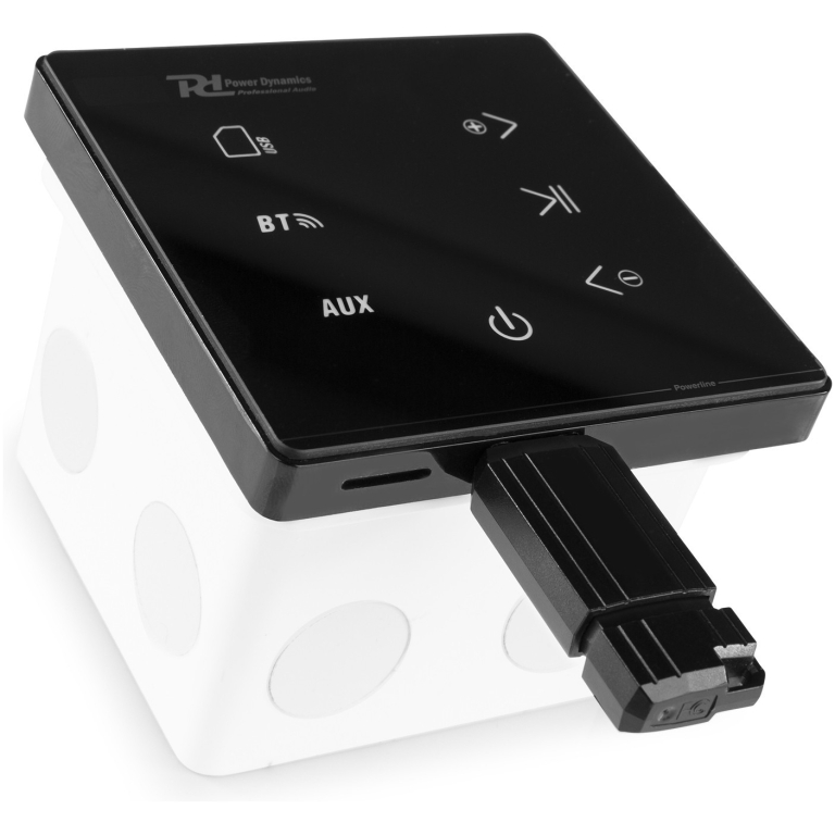 Comutator audio digital cu interface Bluetooth și port USB, montat pe un cub alb cu puncte, ideal pentru echipamente audio profesionale.
