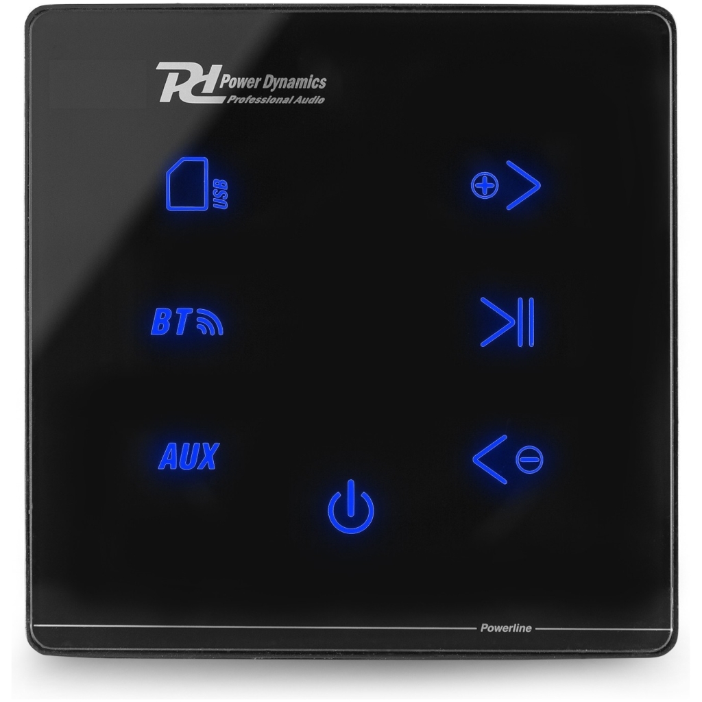Comandă de control audio digital cu butoane tactile și iluminare albastră pentru funcții Bluetooth, AUX și control volum, pentru un sunet de înaltă calitate în sistemele audio profesionale.
