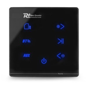 Comandă de control audio digital cu butoane tactile și iluminare albastră pentru funcții Bluetooth, AUX și control volum, pentru un sunet de înaltă calitate în sistemele audio profesionale.