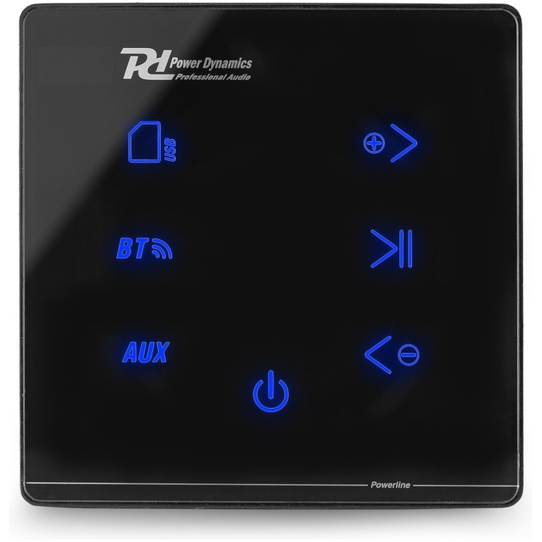 Comandă de control audio digital cu butoane tactile și iluminare albastră pentru funcții Bluetooth, AUX și control volum, pentru un sunet de înaltă calitate în sistemele audio profesionale.