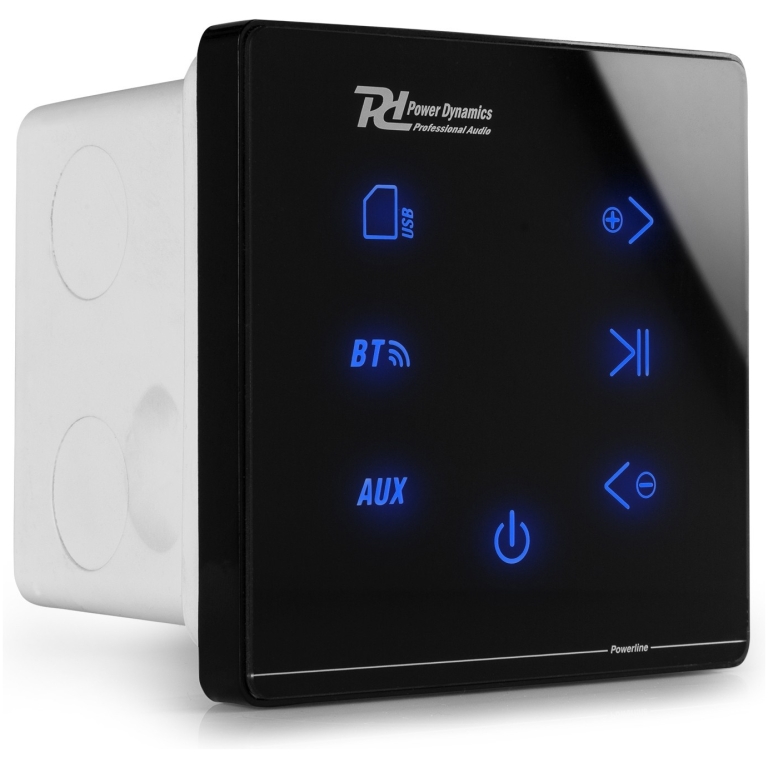 Control panel audio profesional cu butoane tactile, iluminare albastră, funcții pentru volum, puls și conexiune Bluetooth, ideal pentru echipamente audio de înaltă calitate.
