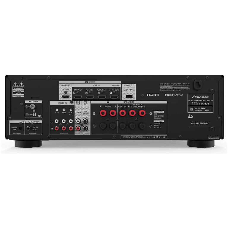 Sistem audio multimedia Pioneer VSX-535, cu multiple intrări și ieșiri pentru conectivitate maximă și performanțe excelente în redarea sunetului surround Dolby Atmos.