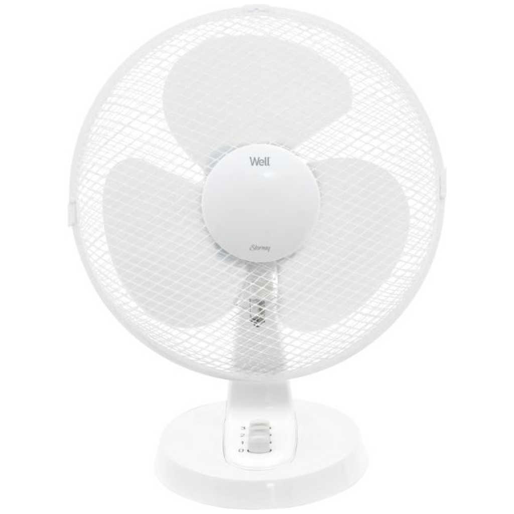 Ventilator de birou alb cu design modern, ideal pentru răcirea aerului în spații interioare, eficient și silențios, produs de Eldarom.