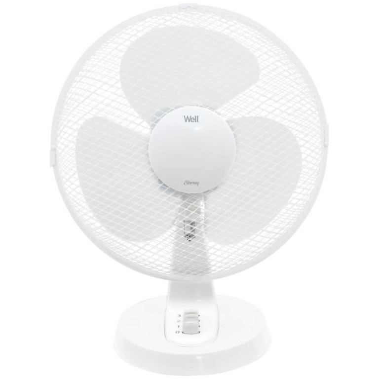 Ventilator de birou alb cu design modern, ideal pentru răcirea aerului în spații interioare, eficient și silențios, produs de Eldarom.