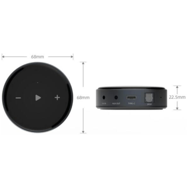 Buton Bluetooth portabil, control audio și apeluri, design compact și elegant pentru dispozitive mobile, dimensiuni 68mm x 22.5mm, compatibil USB-C și AUX.