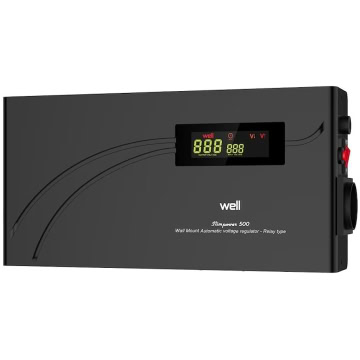 Regulator de tensiune automat pentru panouri solare WeLL Slimpower 500, montat pe perete, cu afișaj digital pentru control precis și sigur al voltajului, ideal pentru sisteme fotovoltaice.