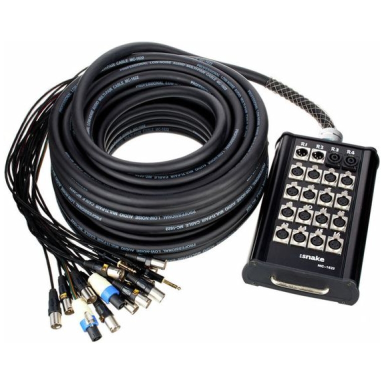 Cablu audio profesional cu mufe XLR și panel de control pentru sunet live și înregistrări.