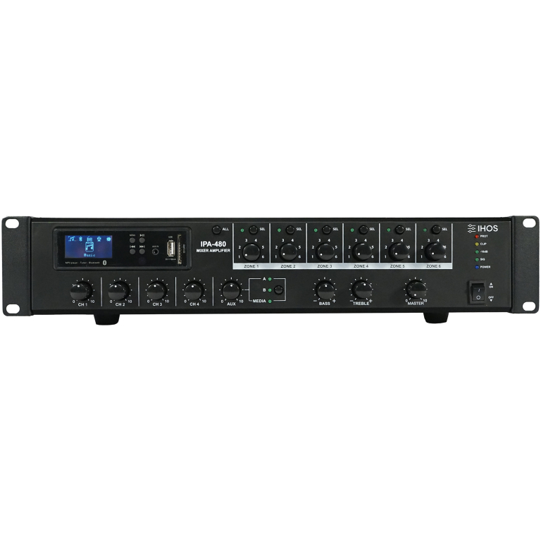 Adaptor audio amplificator mixer profesional Eldarom, model IPA-480 pentru evenimente și sistem de sonorizare, cu multiple canale și control precis al sunetului.