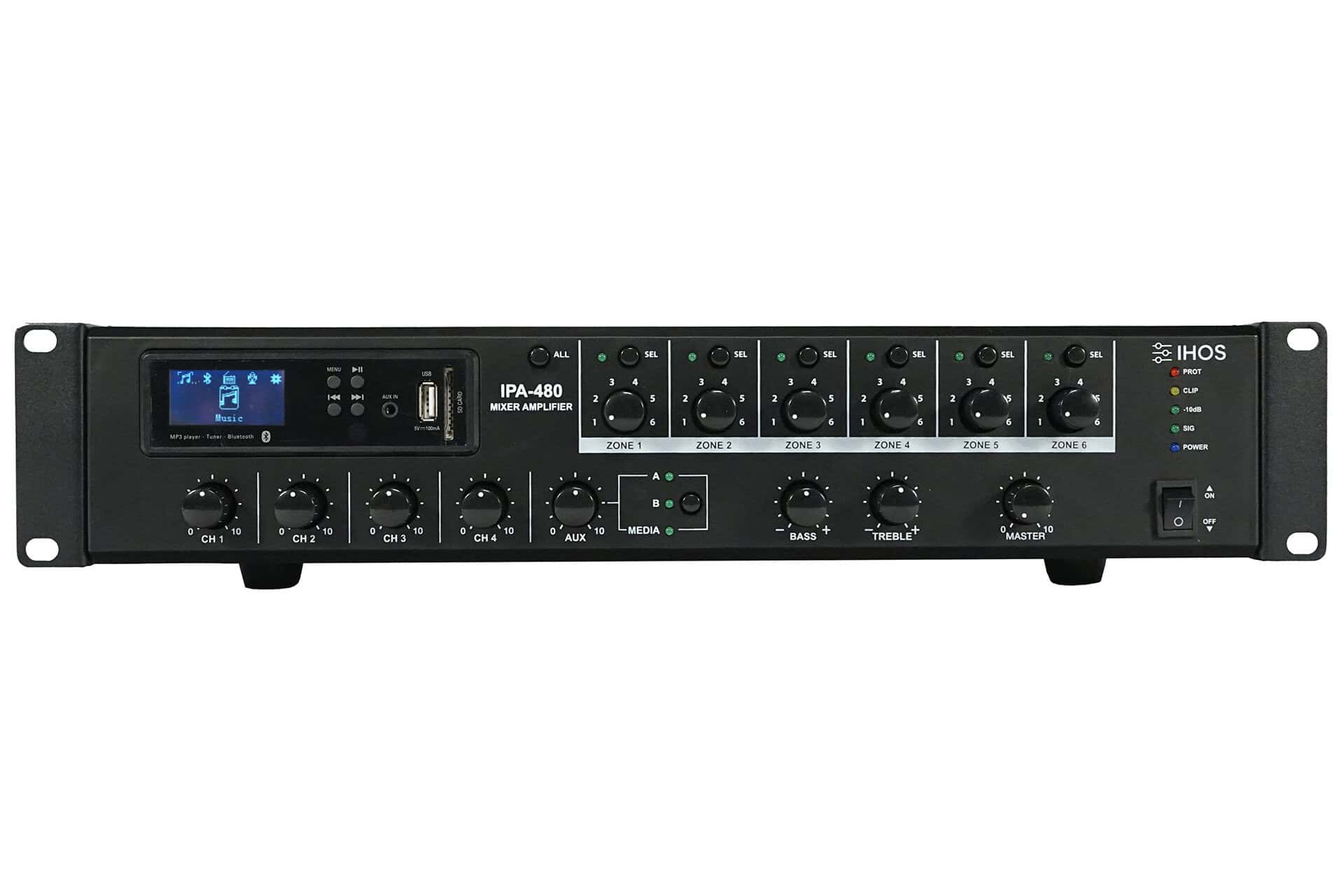 Adaptor audio amplificator mixer profesional Eldarom, model IPA-480 pentru evenimente și sistem de sonorizare, cu multiple canale și control precis al sunetului.
