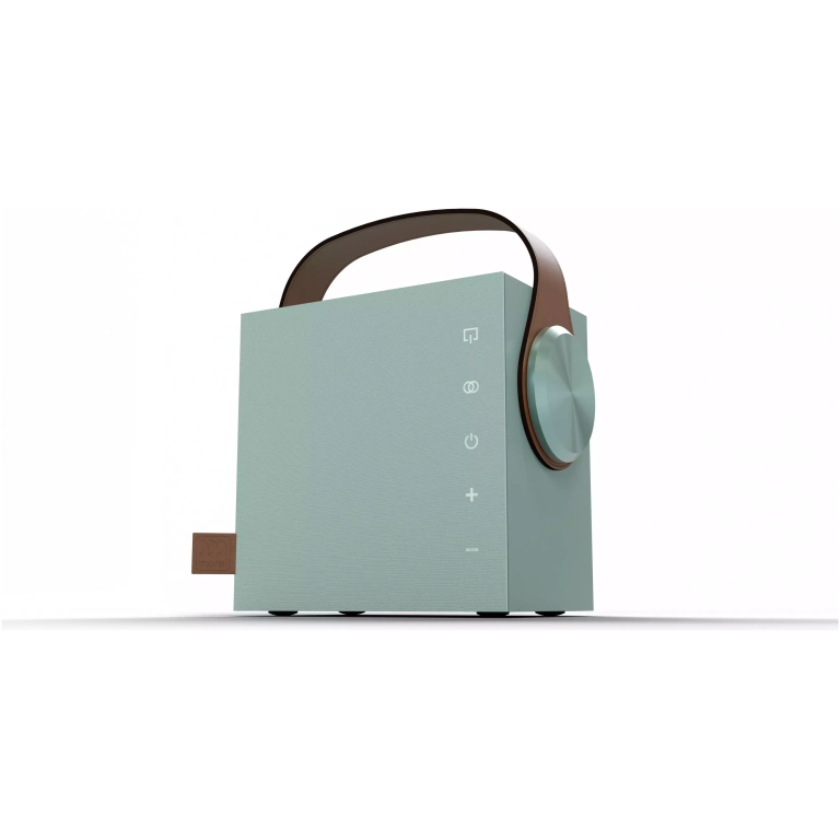 Difuzor portabil modern cu design minimalist, capacitate Bluetooth, buton de control și căști integrate, ideal pentru muzică în mișcare și entertainment pe termen lung.