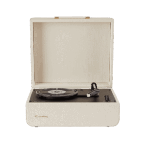 Vinil turntable vintage alb elegant pentru colecționari și audiofili.