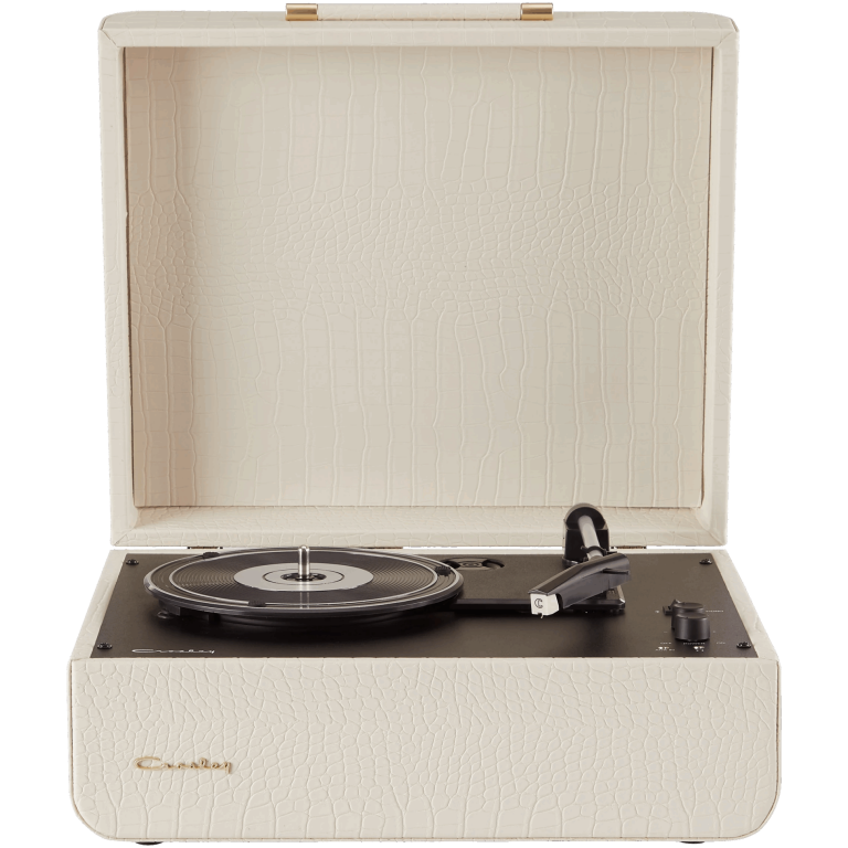 Vinil turntable vintage alb elegant pentru colecționari și audiofili.