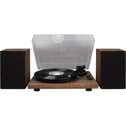 Vinil player cu boxe din lemn, echipament audio vintage, sistem stereo pentru muzică analogică, pick-up modern pentru colecționari, echipamente de sunet high-end pentru pasionați de muzică.