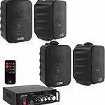 Difuzoare active pentru sistem audio profesional, inclusiv amplificator Fenton, telecomandă și boxe portabile, ideale pentru evenimente, petreceri și sunet de înaltă calitate.
