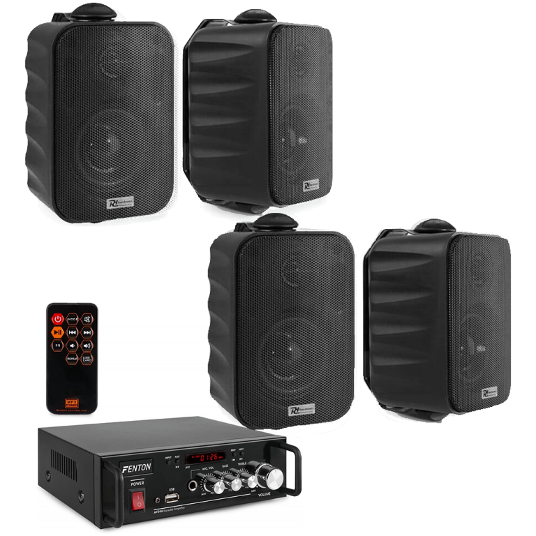 Difuzoare active pentru sistem audio profesional, inclusiv amplificator Fenton, telecomandă și boxe portabile, ideale pentru evenimente, petreceri și sunet de înaltă calitate.