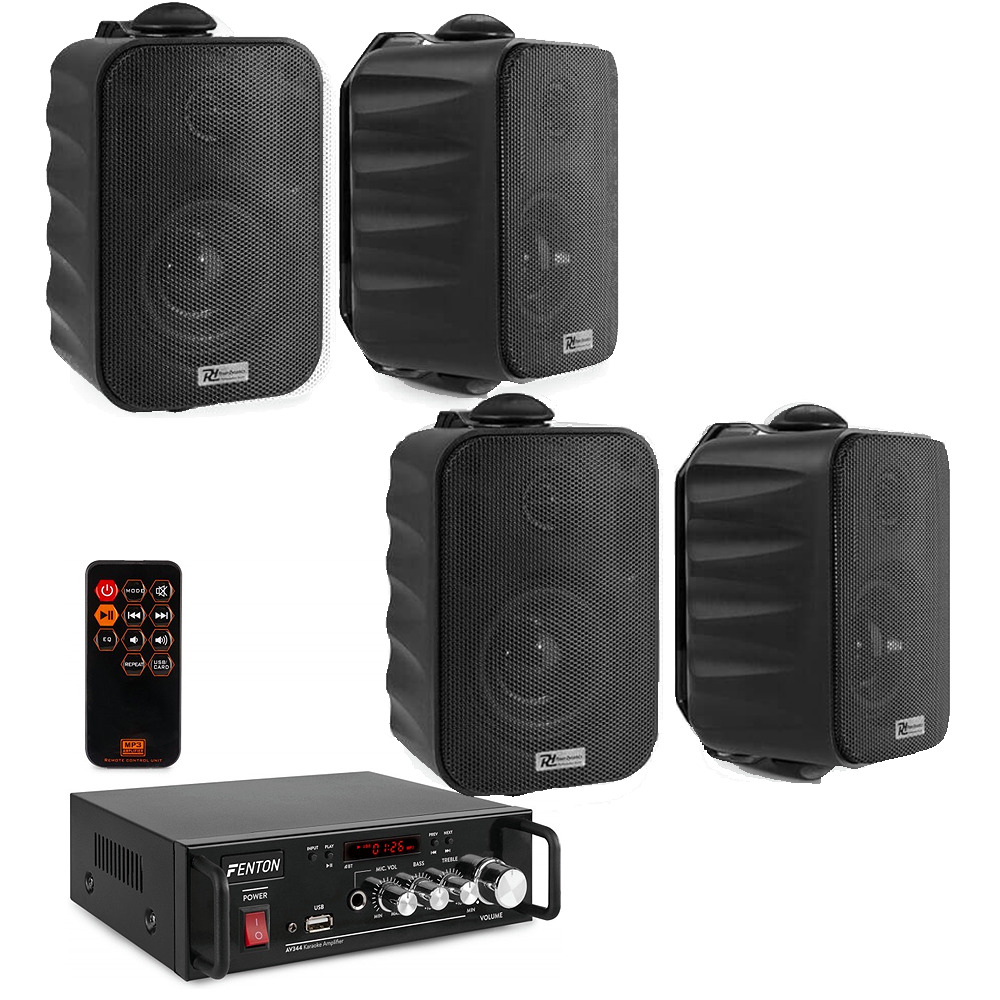 Difuzoare active pentru sistem audio profesional, inclusiv amplificator Fenton, telecomandă și boxe portabile, ideale pentru evenimente, petreceri și sunet de înaltă calitate.