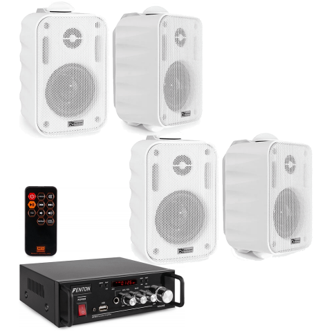 Alege sistem de sunet profesionale cu boxe albe, amplificator și telecomandă wireless pentru evenimente, petreceri și audiții de înaltă calitate.