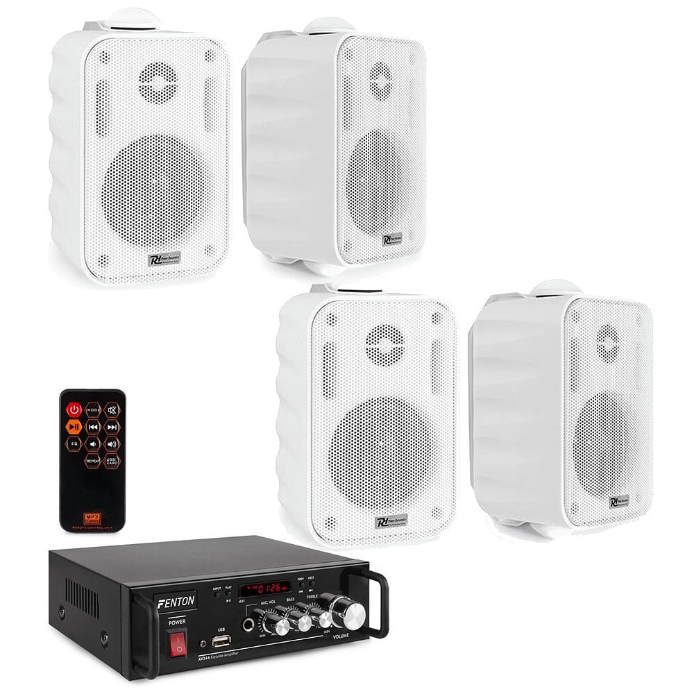 Alege sistem de sunet profesionale cu boxe albe, amplificator și telecomandă wireless pentru evenimente, petreceri și audiții de înaltă calitate.