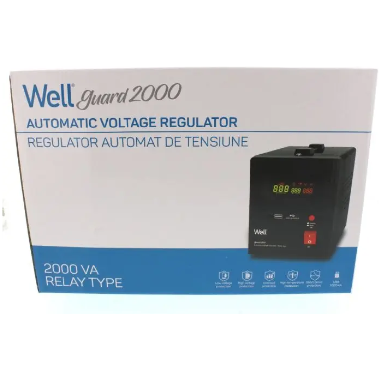 Well Guard 2000 regulator de tensiune, automat, pentru siguranța și stabilitatea alimentării electrice, ideal pentru uz industrial și casnic, protecție contra fluctuațiilor de tensiune, laborator și uz casnic, dispozitiv de reglare a tensiunii.