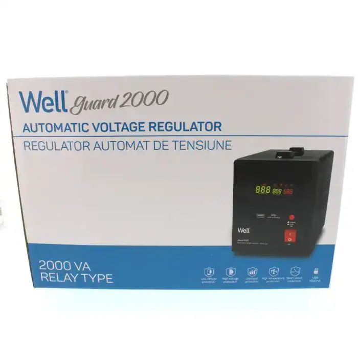 Well Guard 2000 regulator de tensiune, automat, pentru siguranța și stabilitatea alimentării electrice, ideal pentru uz industrial și casnic, protecție contra fluctuațiilor de tensiune, laborator și uz casnic, dispozitiv de reglare a tensiunii.