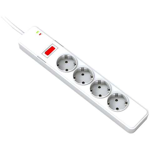 Prelungitor electric cu 4 prize și protecție, ideal pentru uz casnic și birou. Design sigur și fiabil, cu întrerupător de siguranță și indicator LED.