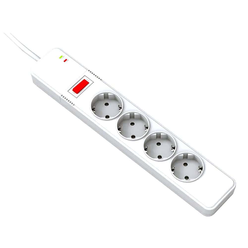 Prelungitor electric cu 4 prize și protecție, ideal pentru uz casnic și birou. Design sigur și fiabil, cu întrerupător de siguranță și indicator LED.