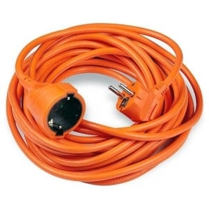 Prelungitor electric portocaliu cu priză și cablu lung pentru utilizare în interior și exterior, ideal pentru echipamente electrice și bricolaj.