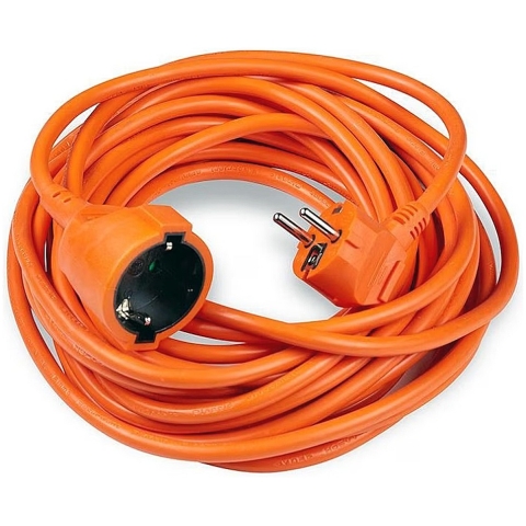 Prelungitor electric portocaliu cu priză și cablu lung pentru utilizare în interior și exterior, ideal pentru echipamente electrice și bricolaj.
