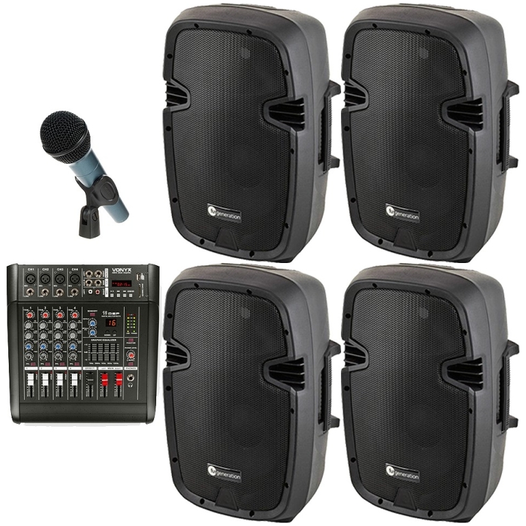 Microfon profesional pentru evenimente și performanțe live cu sistem de evitare a zgomotului de fundal. Sistem de difuzoare portabile și mixer audio robust pentru sunet de înaltă calitate.