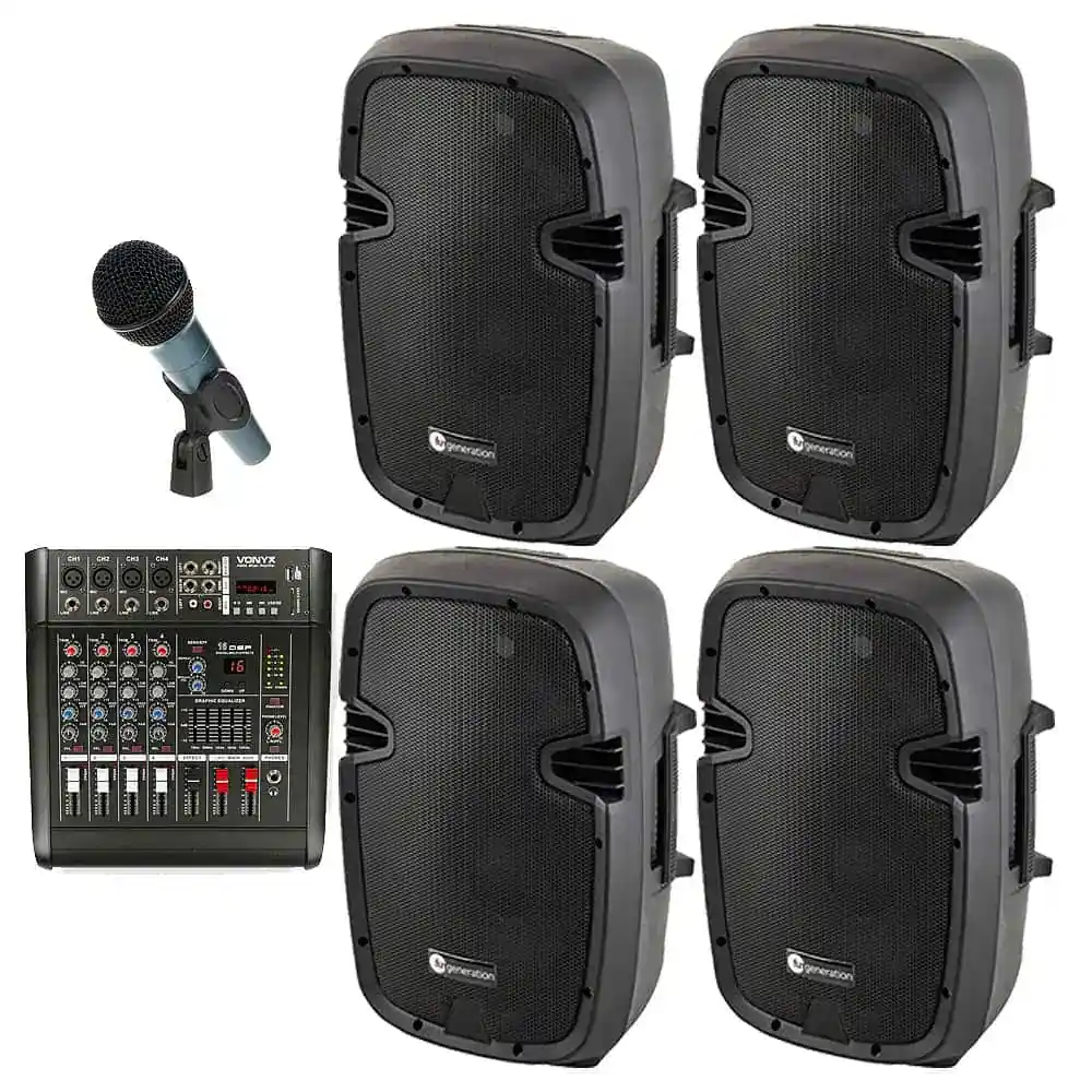 Microfon profesional pentru evenimente și performanțe live cu sistem de evitare a zgomotului de fundal. Sistem de difuzoare portabile și mixer audio robust pentru sunet de înaltă calitate.