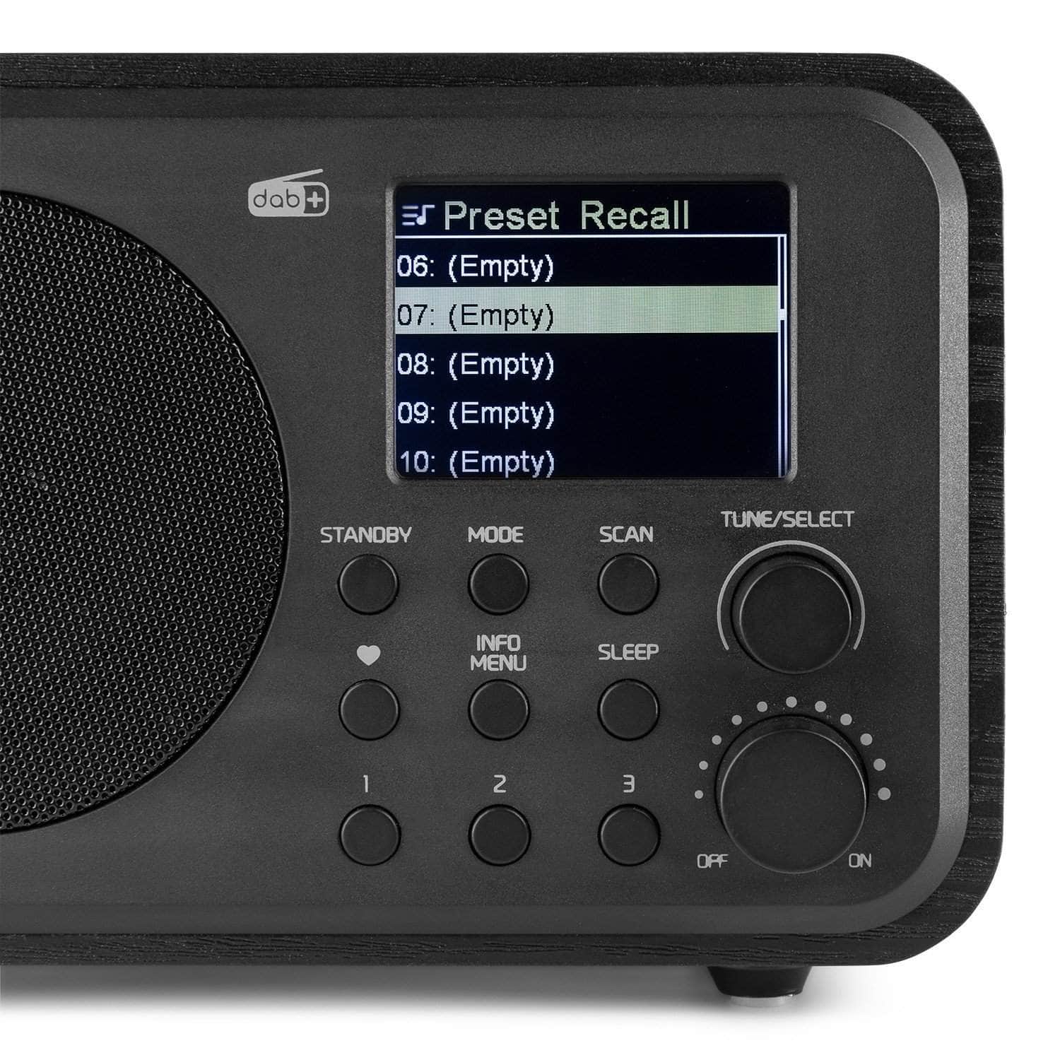 Radio FM cu accumulator Audizio MILAN, DAB+, 30W, Bluetooth, negru, vedere fata afisaj lcd
